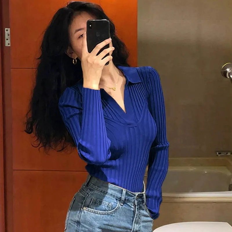 V-neck Women's Fall/Winter Slim Elegant Long Sleeve Shirt