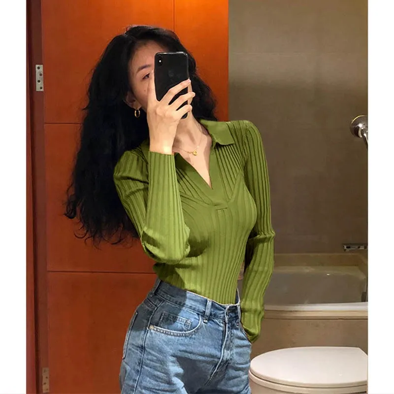 V-neck Women's Fall/Winter Slim Elegant Long Sleeve Shirt