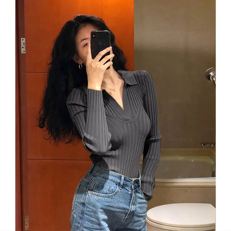 V-neck Women's Fall/Winter Slim Elegant Long Sleeve Shirt