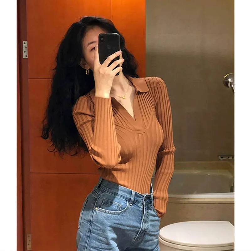 V-neck Women's Fall/Winter Slim Elegant Long Sleeve Shirt