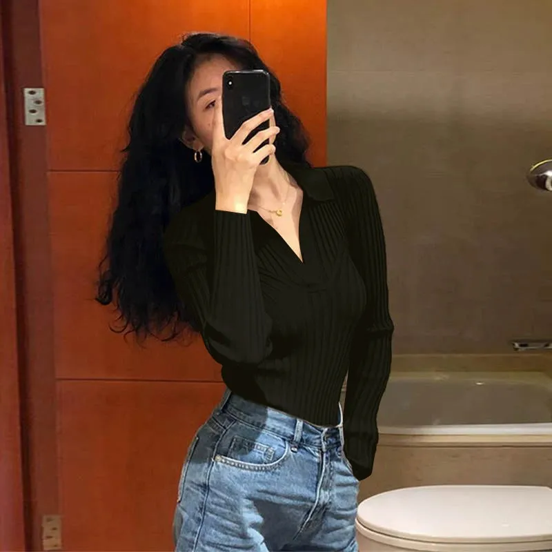 V-neck Women's Fall/Winter Slim Elegant Long Sleeve Shirt