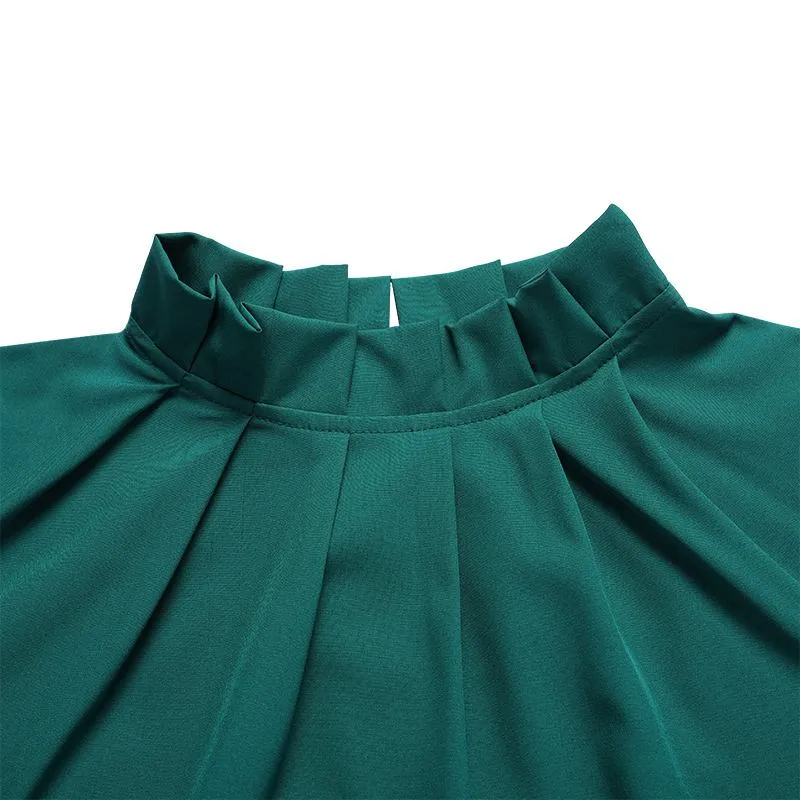 Vintage Pleated Chemise Stand Collar Elegant Lantern Sleeve Blouse