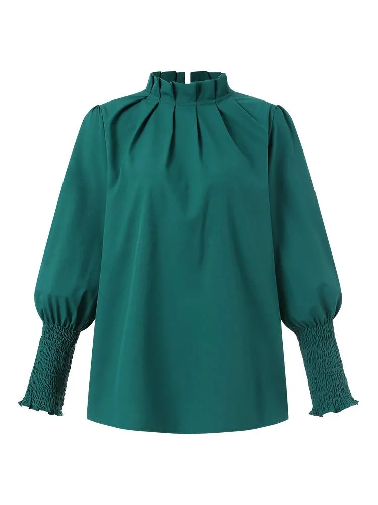 Vintage Pleated Chemise Stand Collar Elegant Lantern Sleeve Blouse
