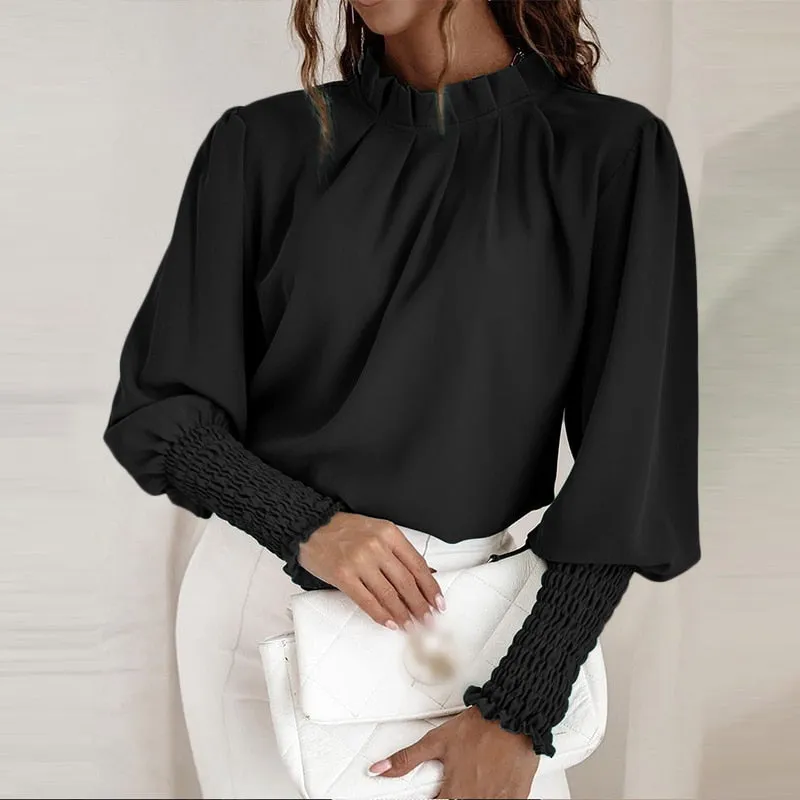 Vintage Pleated Chemise Stand Collar Elegant Lantern Sleeve Blouse