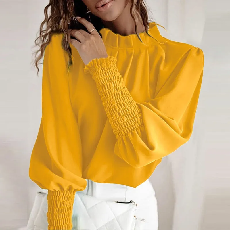 Vintage Pleated Chemise Stand Collar Elegant Lantern Sleeve Blouse