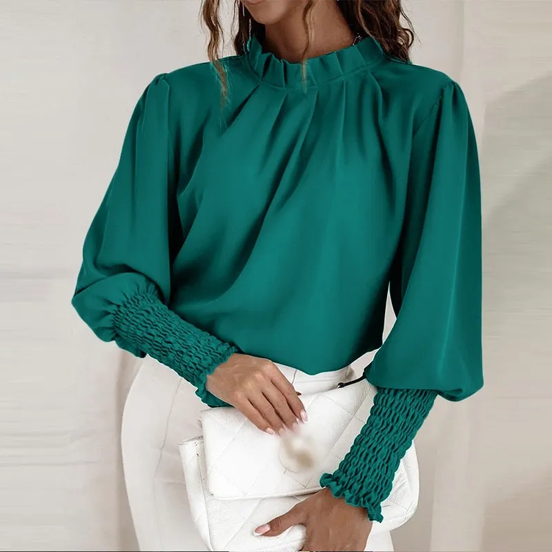 Vintage Pleated Chemise Stand Collar Elegant Lantern Sleeve Blouse