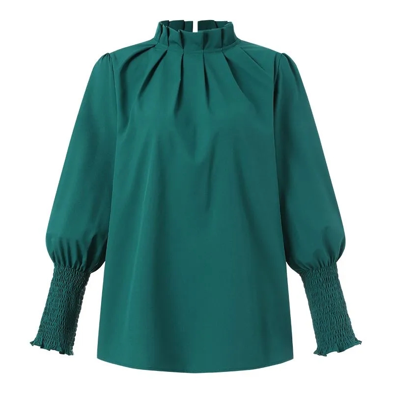 Vintage Pleated Chemise Stand Collar Elegant Lantern Sleeve Blouse
