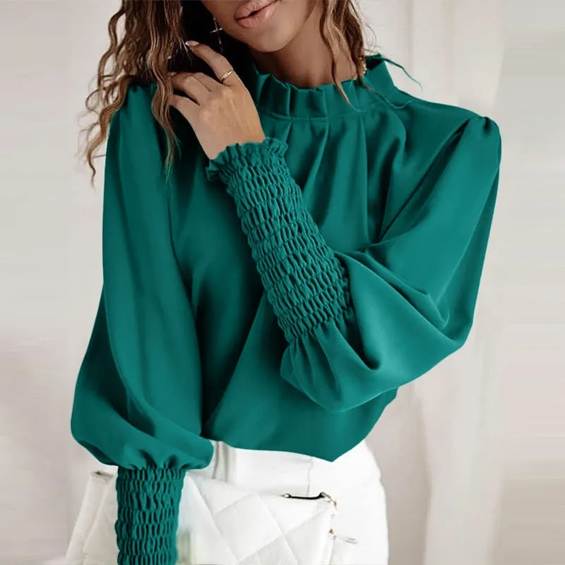 Vintage Pleated Chemise Stand Collar Elegant Lantern Sleeve Blouse