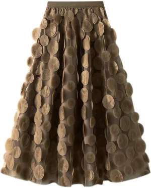 Women 3D Polka Tulle Maxi Skirts Dot Elastic Waist A Lined Sheer Mesh Mid Skirts Formal Flowy Party Clubwear