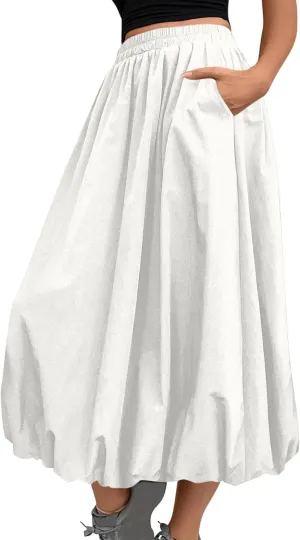 Women Casual Midi Skirts Summer Casual Trendy Solid Color Elastic Hight Waist Skirt Flowy A-Line Skirts with Pockets