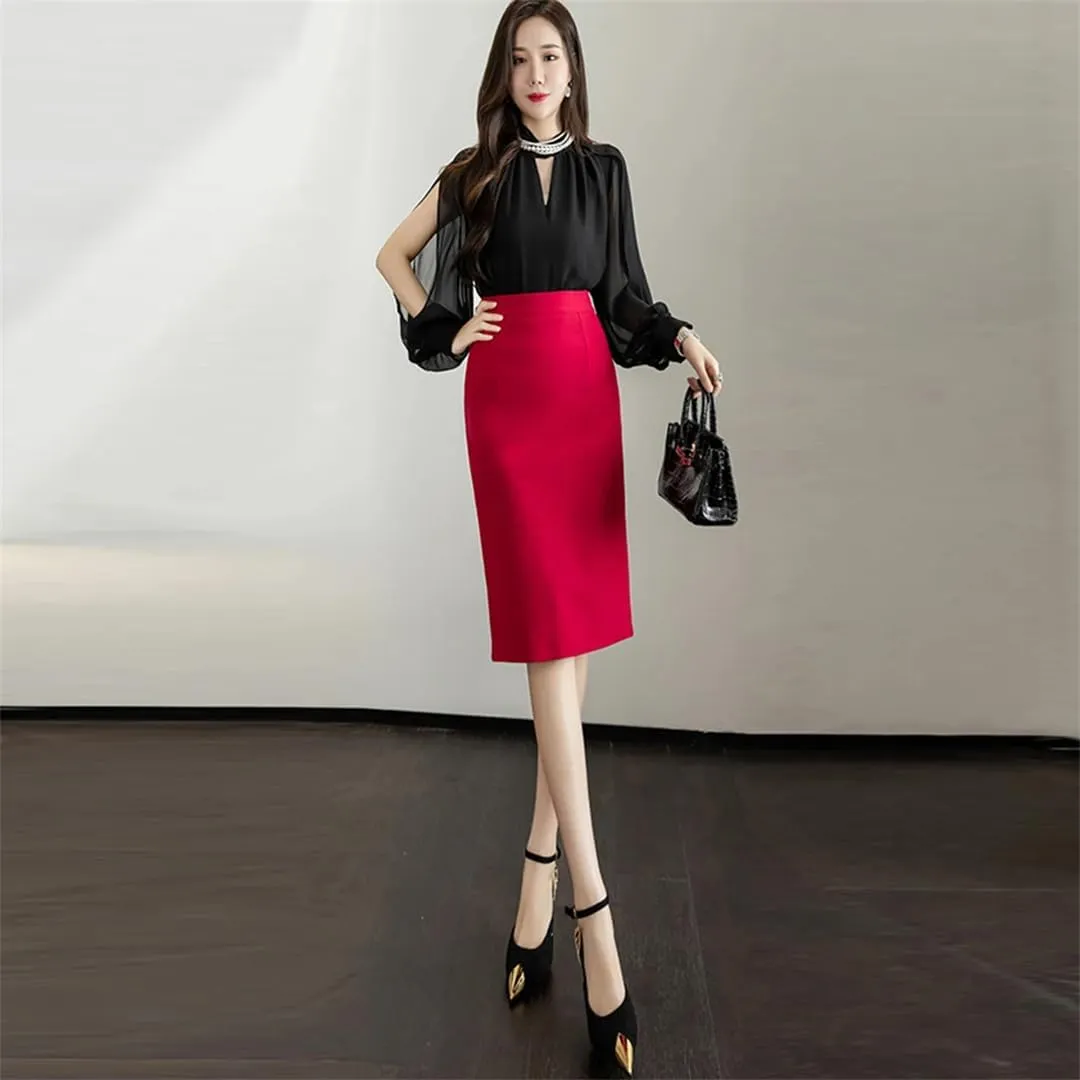 Women Classic Vintage Gray Red Stretch Pencil Skirts Office Formal Black Midi Skirts Elegant Package Hip Skirts