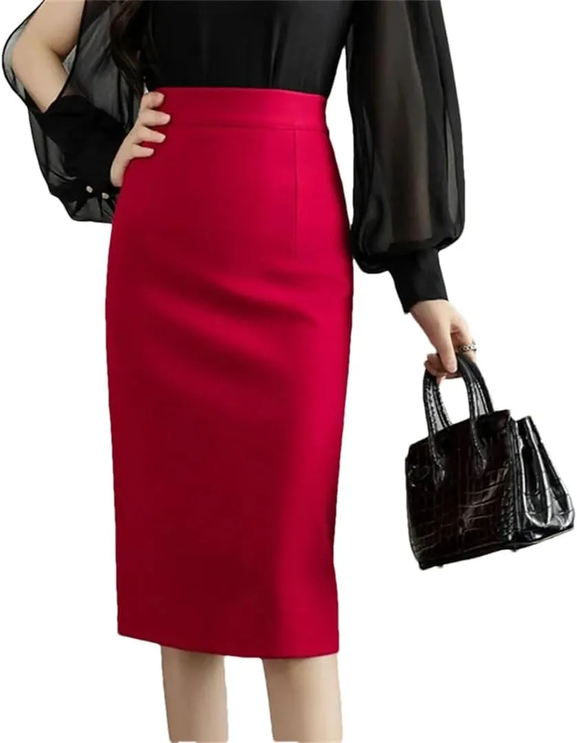 Women Classic Vintage Gray Red Stretch Pencil Skirts Office Formal Black Midi Skirts Elegant Package Hip Skirts
