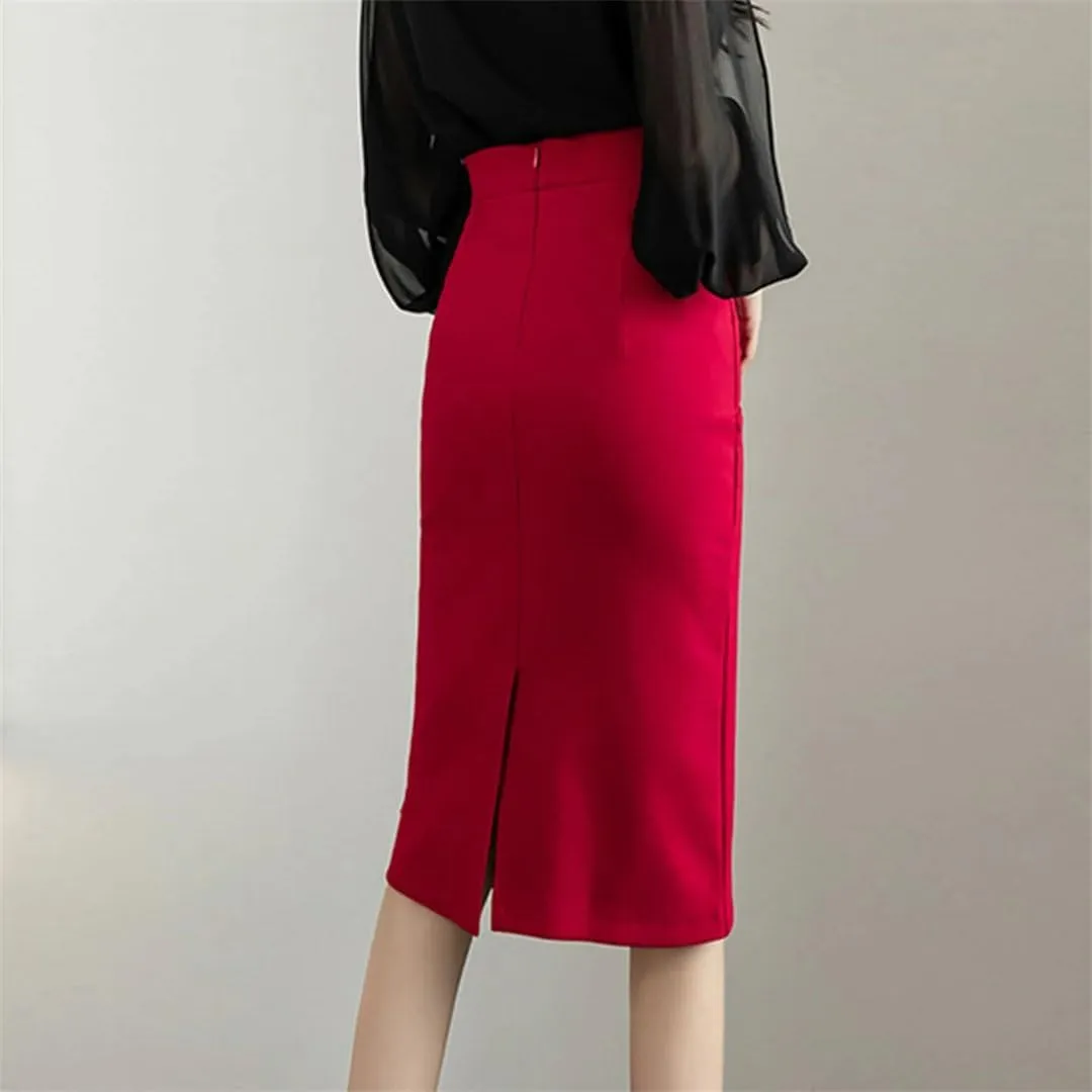 Women Classic Vintage Gray Red Stretch Pencil Skirts Office Formal Black Midi Skirts Elegant Package Hip Skirts