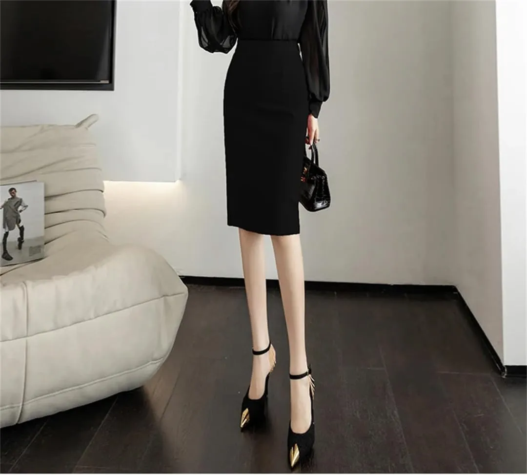 Women Classic Vintage Gray Red Stretch Pencil Skirts Office Formal Black Midi Skirts Elegant Package Hip Skirts