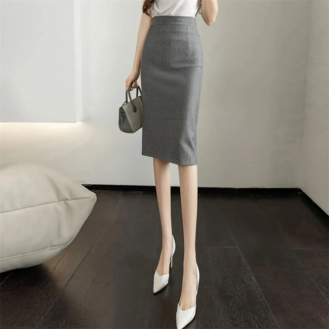 Women Classic Vintage Gray Red Stretch Pencil Skirts Office Formal Black Midi Skirts Elegant Package Hip Skirts