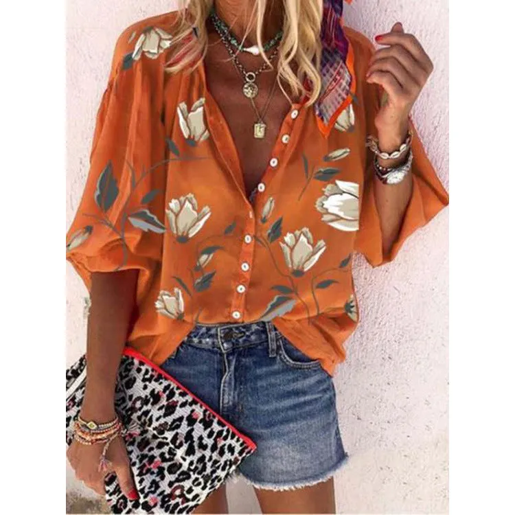 Women Europe Flowers Printed Tops Loose Casual Shirt Blouse