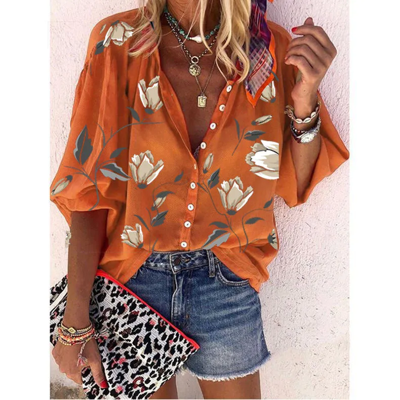Women Europe Flowers Printed Tops Loose Casual Shirt Blouse