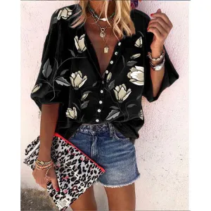 Women Europe Flowers Printed Tops Loose Casual Shirt Blouse
