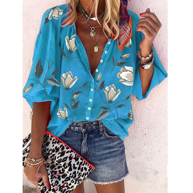 Women Europe Flowers Printed Tops Loose Casual Shirt Blouse