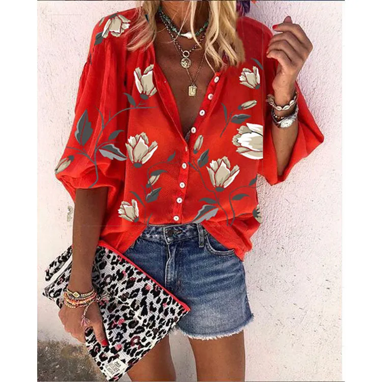 Women Europe Flowers Printed Tops Loose Casual Shirt Blouse