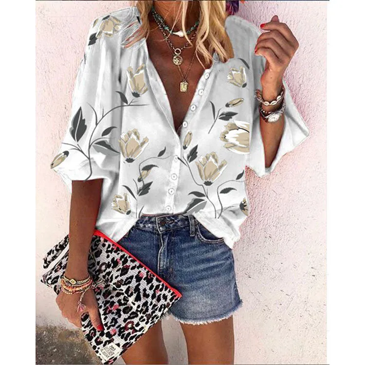 Women Europe Flowers Printed Tops Loose Casual Shirt Blouse