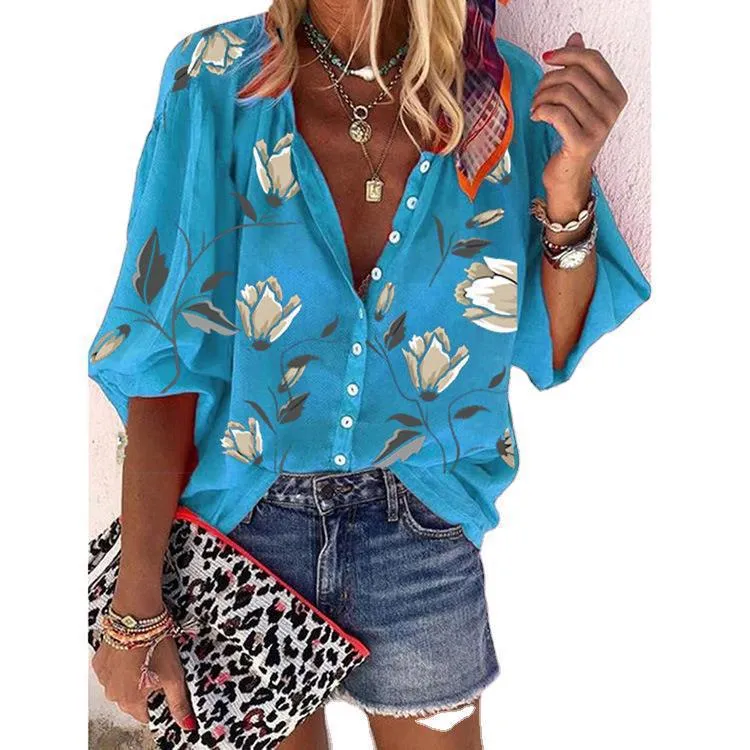 Women Europe Flowers Printed Tops Loose Casual Shirt Blouse