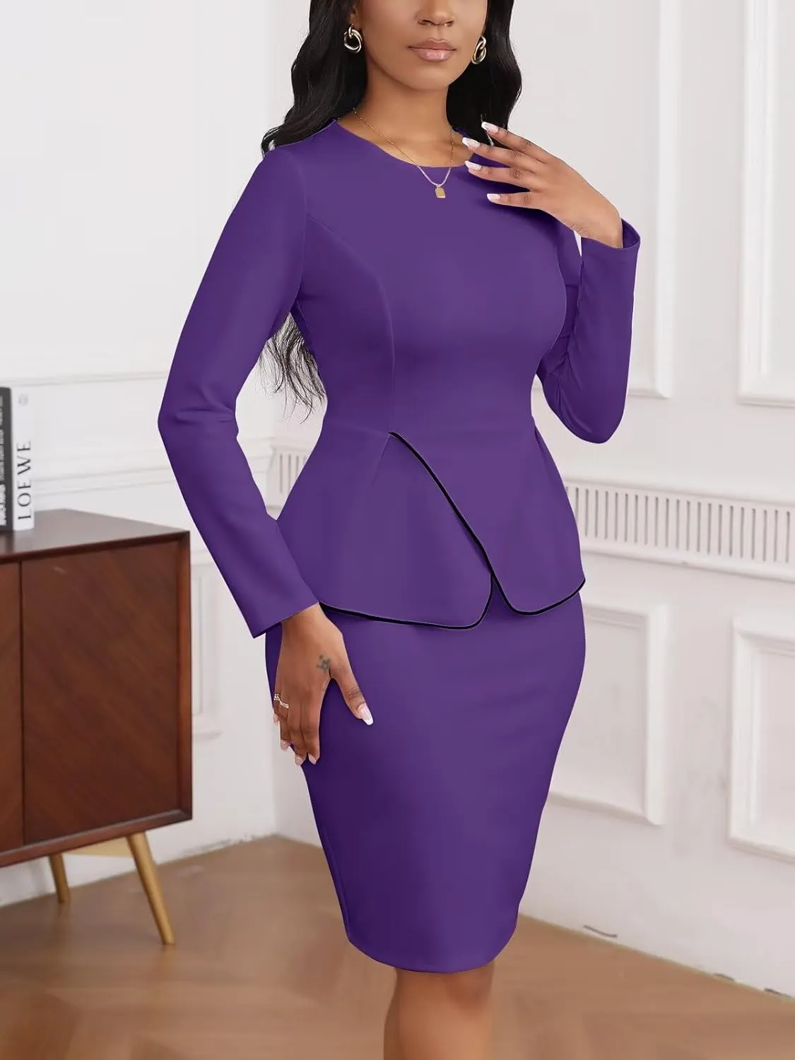 Women's 2 Piece Suit Skirt Set Peplum Long Sleeve Church Dress Suit Formal Office Business Midi Pencil Skirt Suit