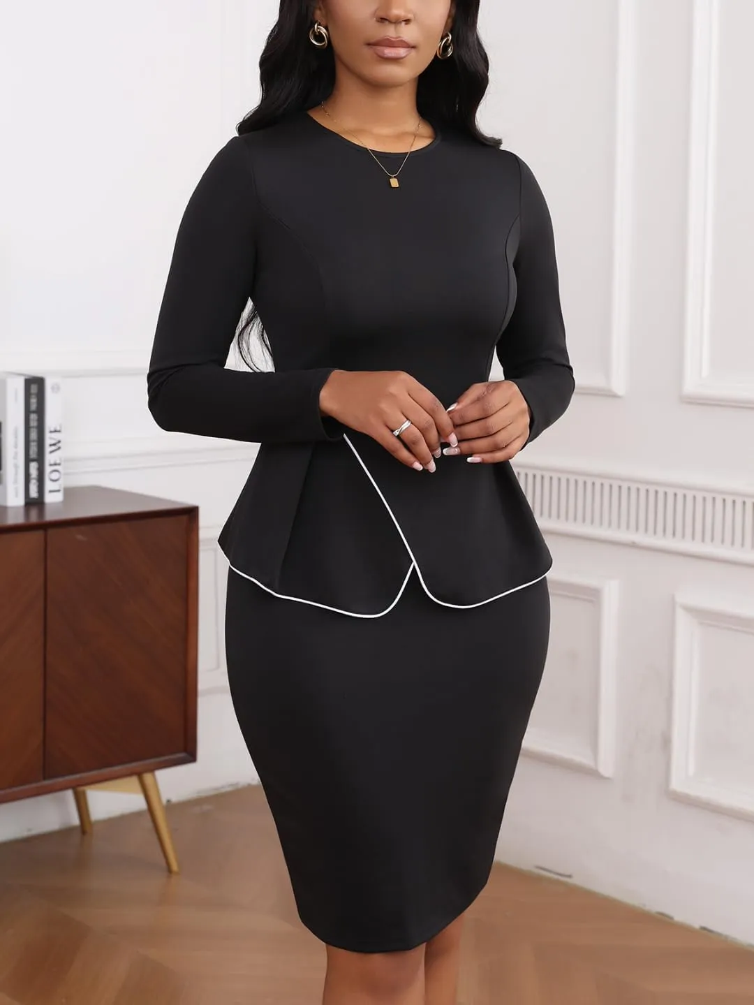 Women's 2 Piece Suit Skirt Set Peplum Long Sleeve Church Dress Suit Formal Office Business Midi Pencil Skirt Suit