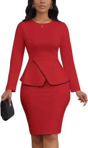 Women's 2 Piece Suit Skirt Set Peplum Long Sleeve Church Dress Suit Formal Office Business Midi Pencil Skirt Suit