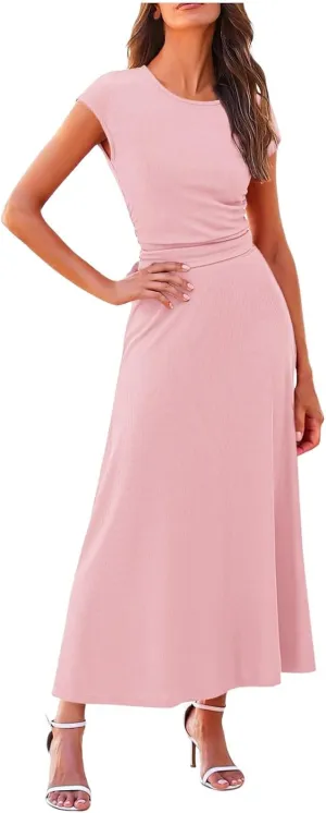 Women's 2 Piece Summer Outfits Dressy Casual Knit Short Sleeve Crop Top High Waist Midi Skirt Set Plus Sequin
