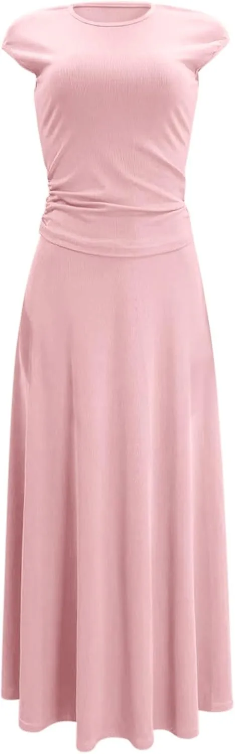 Women's 2 Piece Summer Outfits Dressy Casual Knit Short Sleeve Crop Top High Waist Midi Skirt Set Plus Sequin