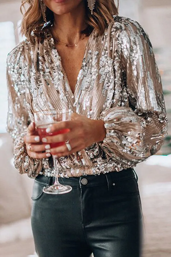 Womens Blouse  Sequin Embellished  V-Neck  Balloon Sleeves  Draped Fit