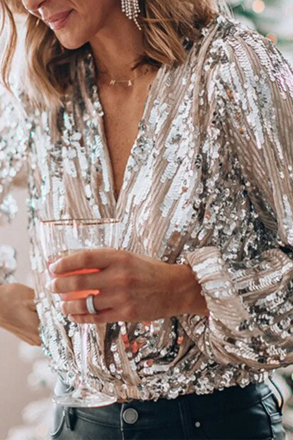 Womens Blouse  Sequin Embellished  V-Neck  Balloon Sleeves  Draped Fit