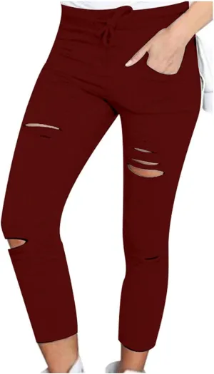 Women's Ripped Pencil Pants High Waist Lace-up Skinny Stretchy Leggings Workout Casual Yoga Trousers with Pockets