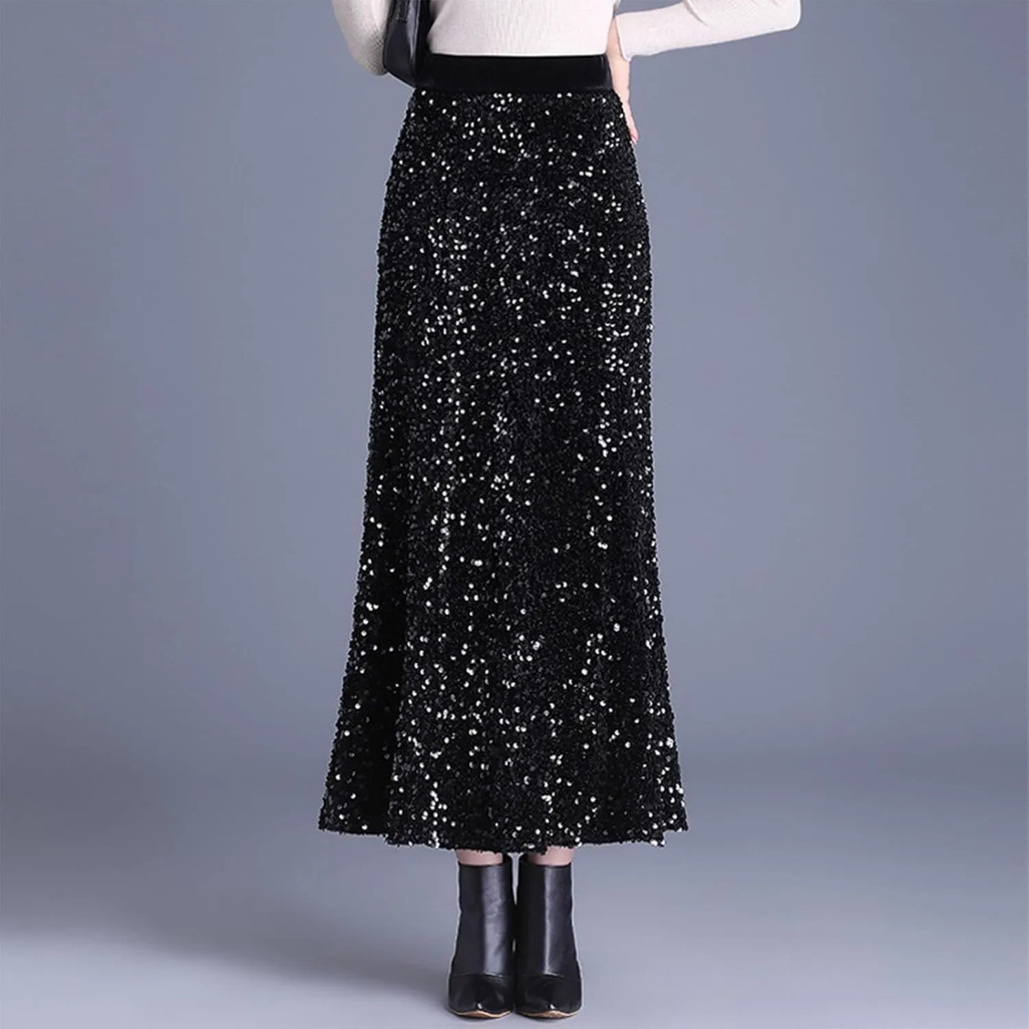 Womens Shiny Sparkly Sequin Maxi Skirt Sexy High Waist Stretchy Long Mermaid Skirts Night Out Bodycon Party Clubwear