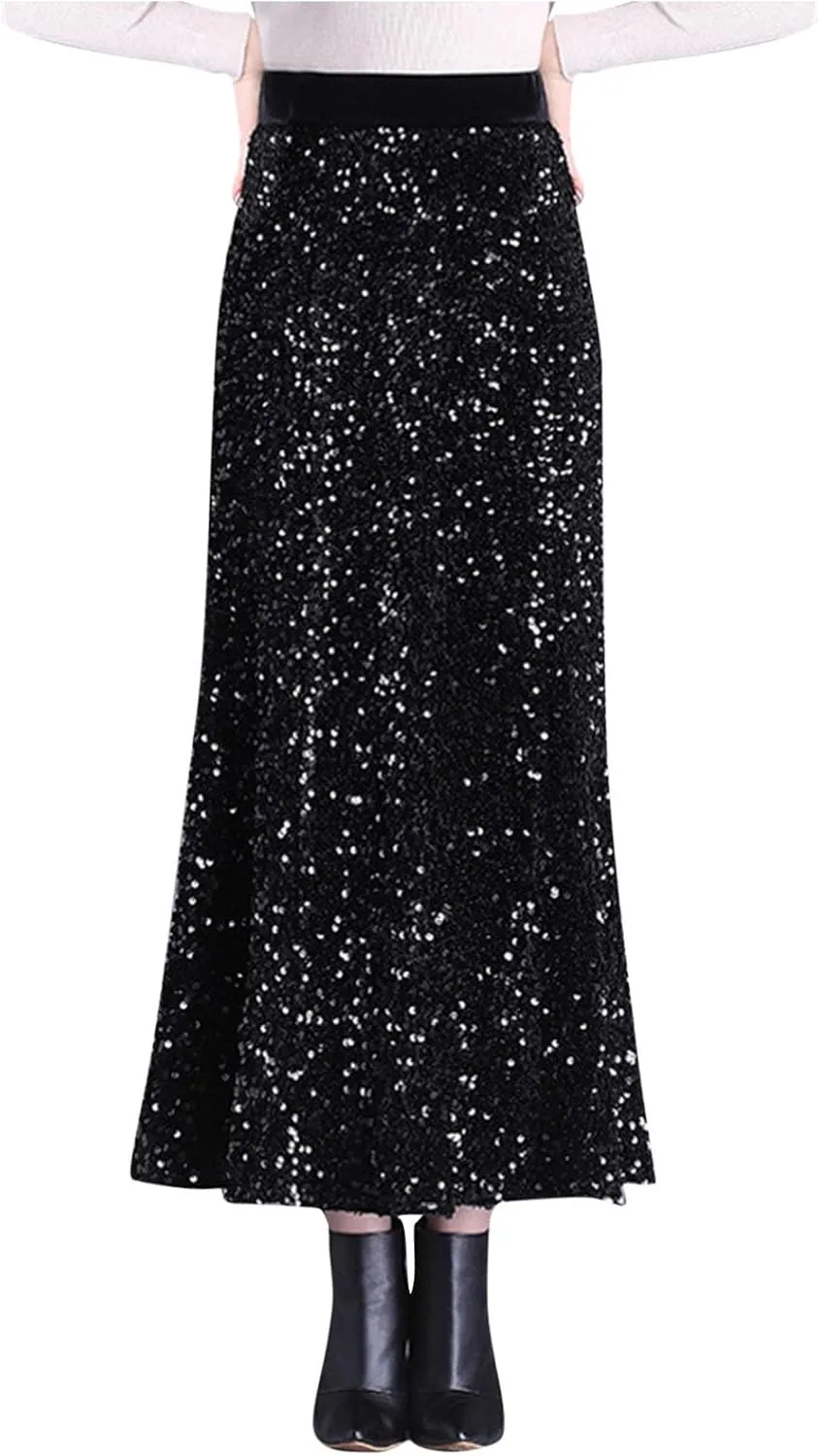 Womens Shiny Sparkly Sequin Maxi Skirt Sexy High Waist Stretchy Long Mermaid Skirts Night Out Bodycon Party Clubwear