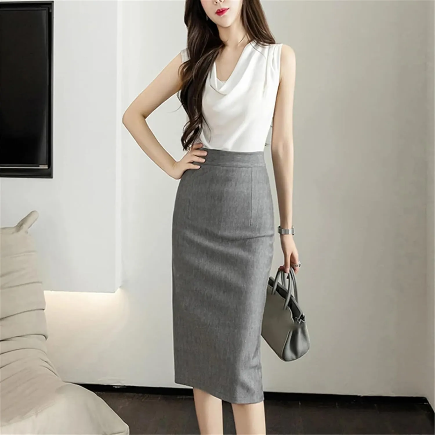 Women's Vintage Stretch Pencil Skirt  Office Lady Formal Midi Skirt Elegant Package Hip Below Knee Skirt