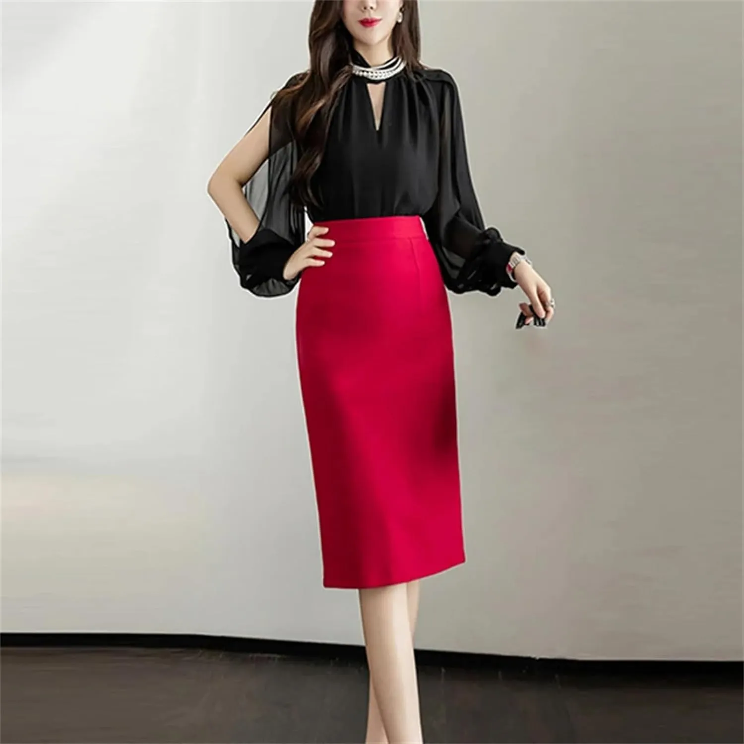 Women's Vintage Stretch Pencil Skirt  Office Lady Formal Midi Skirt Elegant Package Hip Below Knee Skirt